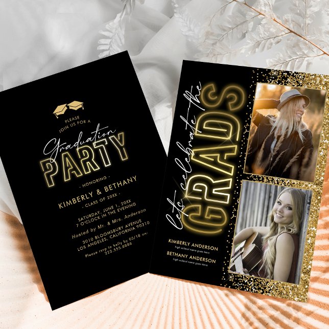 Moderne Black Gold Double Graduation Party Einladung (Von Creator hochgeladen)