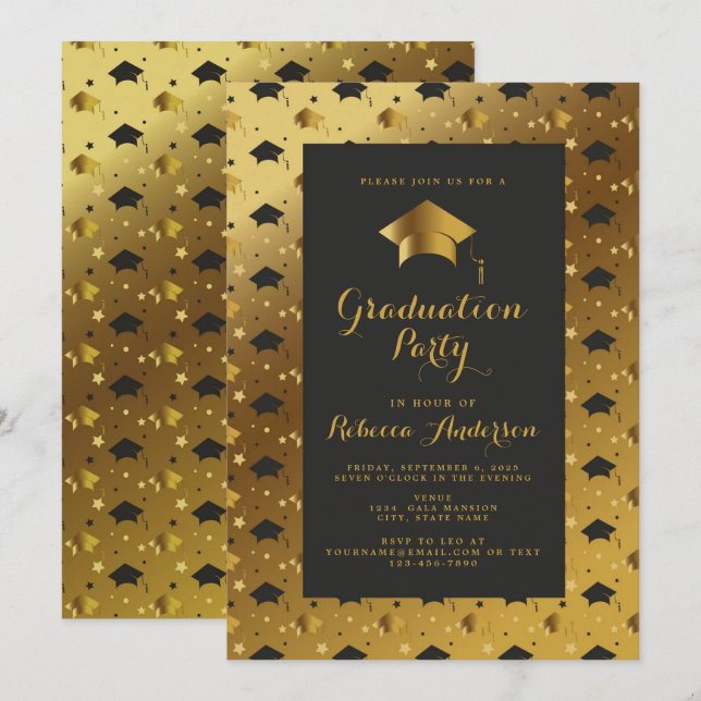 Moderne Black Gold Einladung Minimalistisch (Vorne/Hinten)