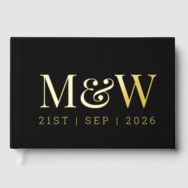 Moderne Black Gold Foil Monogramm-Initialen Hochze Gästebuch (Vorderseite)