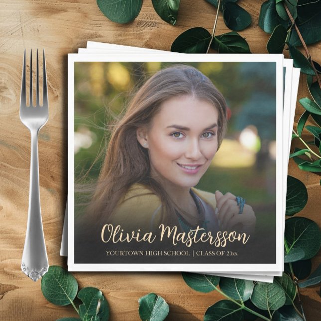 Moderne Black Gold Foto Graduation Party Serviette (Black and gold graduation party photo paper napkins.)