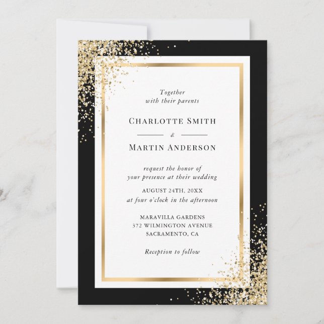 Moderne Black Gold Frame Confetti Moderne Hochzeit Einladung (Vorderseite)