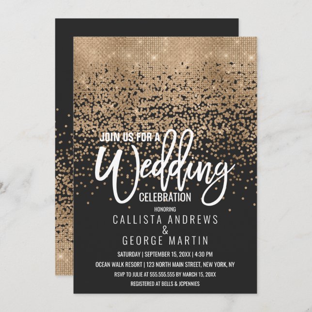 Moderne Black Gold Glitzer Confetti Wedding Einladung (Vorne/Hinten)