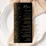 Moderne Black Gold Glitzer Edge Wedding Menükarte<br><div class="desc">Die links Seite dieses eleganten,  modernen Hochzeitsmenüs besticht durch das Design eines vergoldeten Glitzer mit Imitaten. Der anpassbare Text verbindet blassgoldene Handschrift,  Copperplate und kursiv Schriftart auf schwarzem Hintergrund. Die Rückseite weist ein passendes Schwarz-Gold-Glitzer-Design auf.</div>