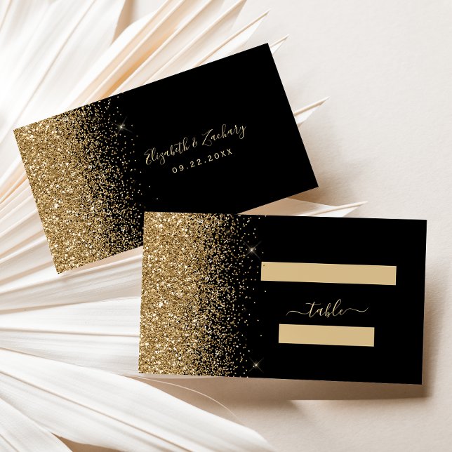 Moderne Black Gold Glitzer Edge Wedding Platzkarte (Von Creator hochgeladen)