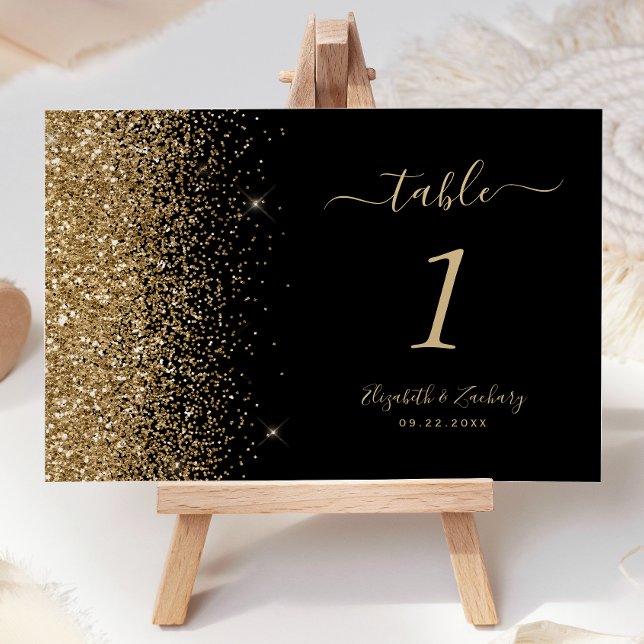 Moderne Black Gold Glitzer Edge Wedding Tischnummer (Von Creator hochgeladen)