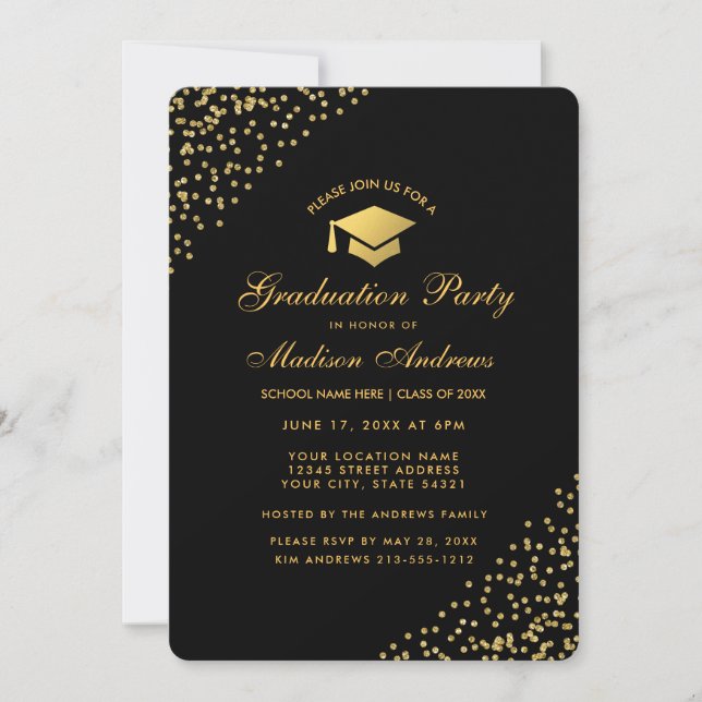 Moderne Black Gold Glitzer Graduation Party - Einl Einladung (Vorderseite)