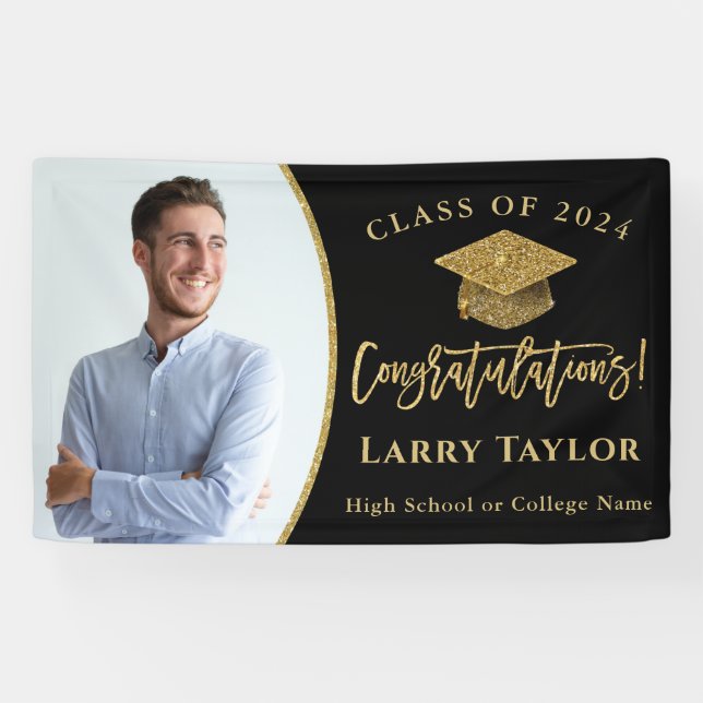 Moderne Black Gold Graduate Foto Graduate Party Banner (Horizontal)
