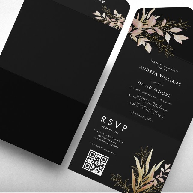 Moderne Black & Gold Greenery QR Code UAWG Wedding All In One Einladung (Von Creator hochgeladen)