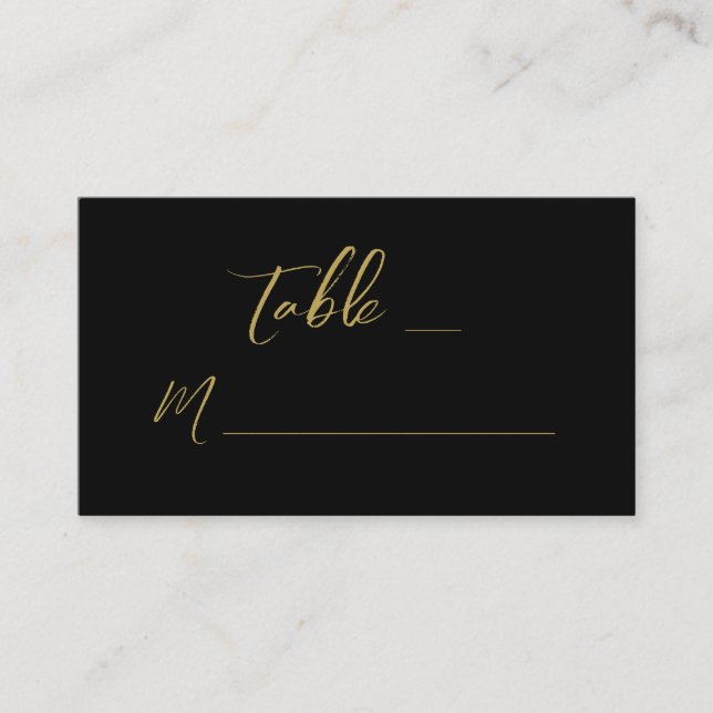 Moderne Black Gold Hand Letter Script Wedding Platzkarte (Vorderseite)