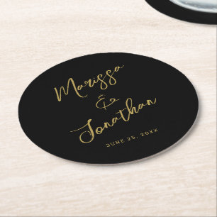 Moderne Black Gold Hand Letter Script Wedding Runder Pappuntersetzer