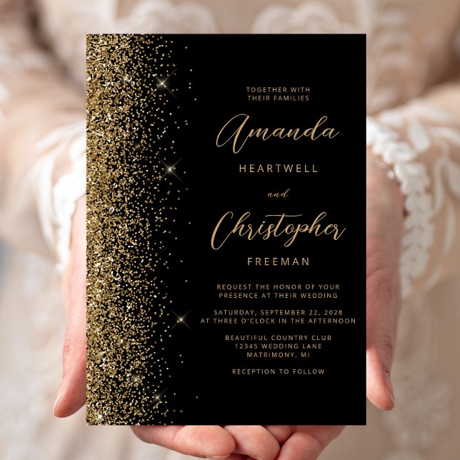Moderne Black Gold Imitate Glitzer Script Hochzeit Einladung (Von Creator hochgeladen)