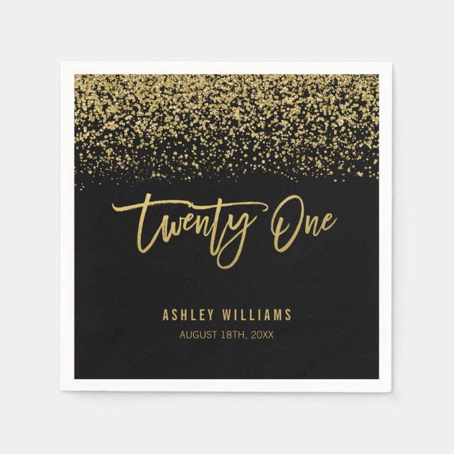 Moderne Black Gold Imitats Glitzer 21. Geburtstag Serviette (Vorderseite)