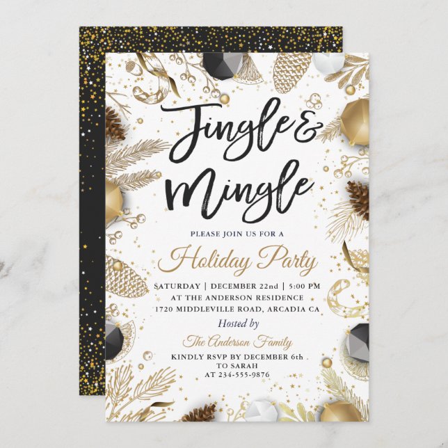 Moderne Black Gold Jingle und Mingle Holiday Party Einladung (Vorne/Hinten)