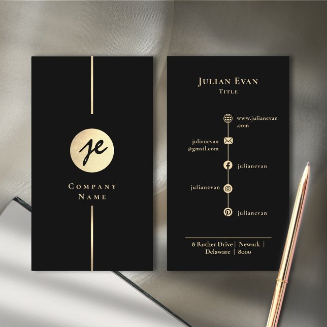 Moderne Black Gold Luxe Monogram Business Card Visitenkarte (Von Creator hochgeladen)