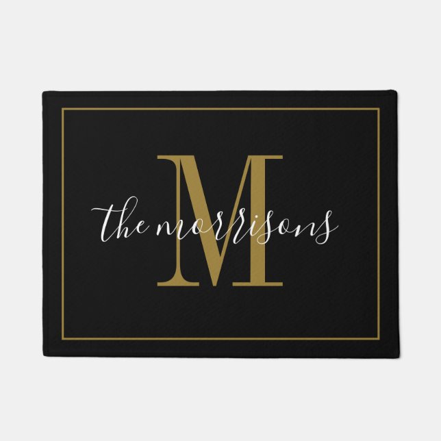 Moderne Black Gold Monogram Newlyweds Wedding Fußmatte (Vorderseite)