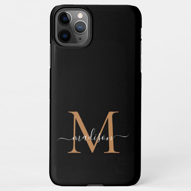 Moderne Black Gold Monogram Script Name iPhone Fal Hülle (Rückseite)