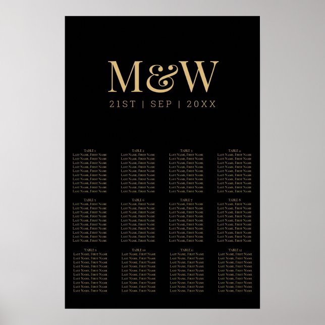 Moderne Black Gold Monogram Seating Chart Poster (Vorne)