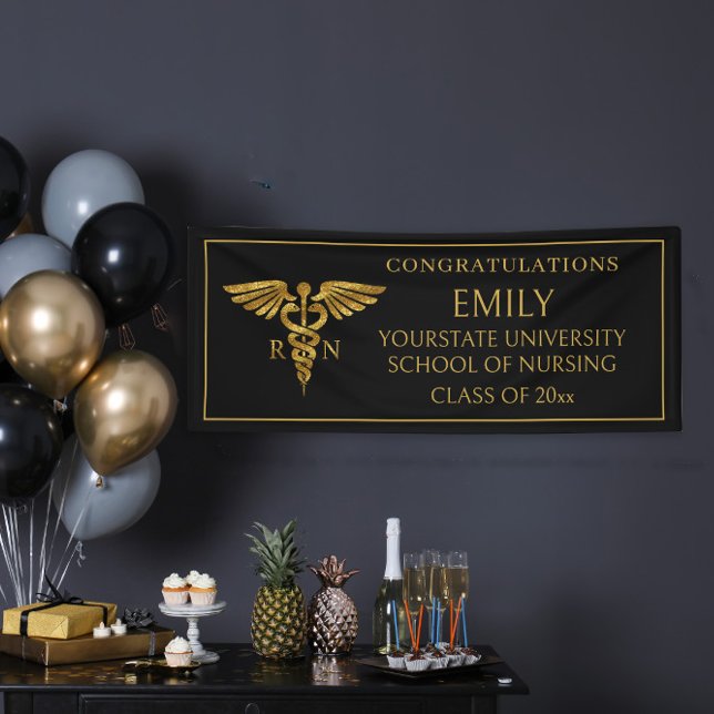 Moderne Black Gold Nursing School RN Abschluss Banner (Von Creator hochgeladen)