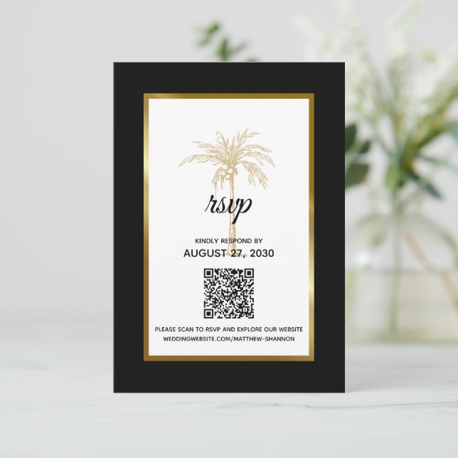 Moderne Black Gold Palm Tree Moderne Hochzeit RSVP Karte (Stehend Vorderseite)