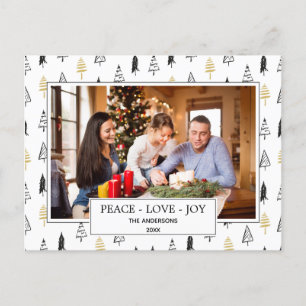 Moderne Black & Gold Peace Liebe Joy Christmas Tre Ankündigungspostkarte