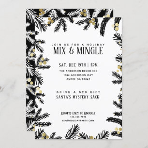Moderne Black & Gold Pine und Berries Holiday Part Einladung