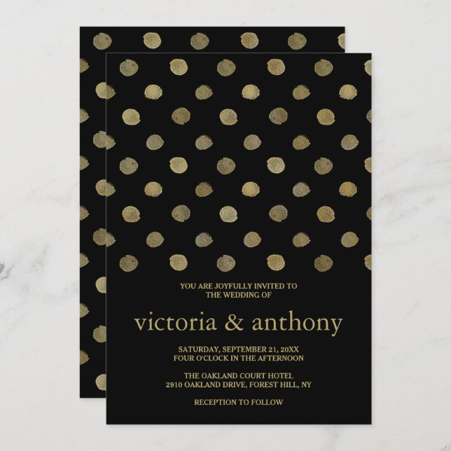 Moderne Black & Gold Polka Dots Hochzeit Einladung (Vorne/Hinten)