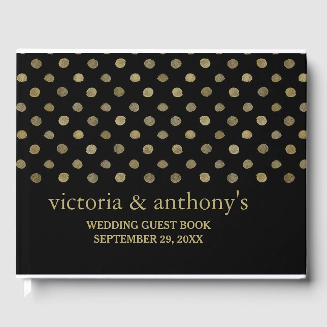 Moderne Black & Gold Polka Dots Hochzeit Gästebuch (Vorderseite)
