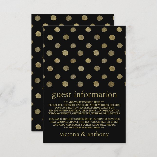 Moderne Black & Gold Polka Dots Hochzeitsdetails Begleitkarte (Vorne/Hinten)
