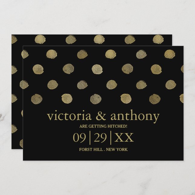 Moderne Black & Gold Polka Dots Save the Date (Vorne/Hinten)