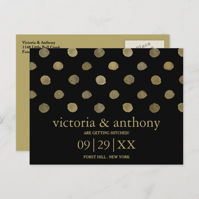 Moderne Black & Gold Polka Dots Save the Date Ankündigungspostkarte (Vorne/Hinten)