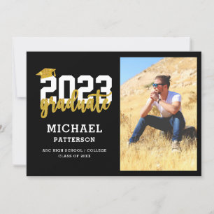 Moderne Black Gold Script Foto Graduation Party Einladung