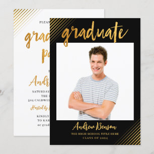Moderne Black & Gold Script Foto Graduation Party Einladung