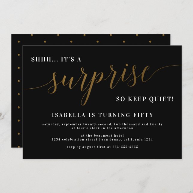 Moderne Black & Gold Script Überraschung Geburtsta Einladung (Vorne/Hinten)