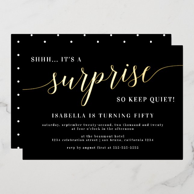 Moderne Black & Gold Script Überraschung Geburtsta Folieneinladung (Vorderseite/Rückseite)