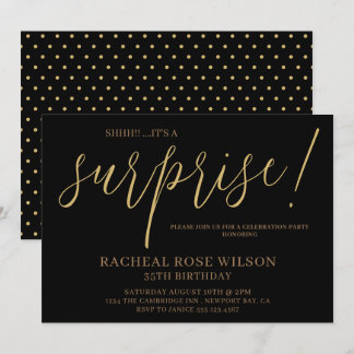 Moderne Black Gold Script Überraschung Geburtstags Einladung