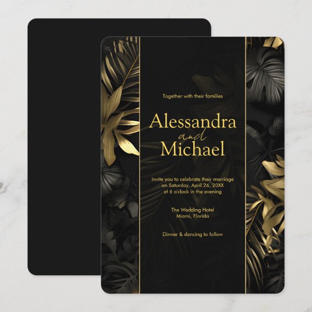 Moderne Black Gold Tropical Blätter Wedding Einladung (Vorne/Hinten)