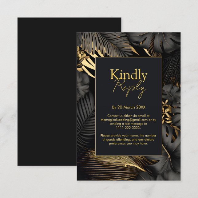 Moderne Black Gold Tropical Blätter Wedding RSVP Karte (Vorne/Hinten)