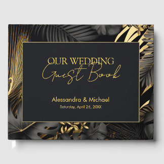 Moderne Black Gold Tropical Wedding Gästebuch