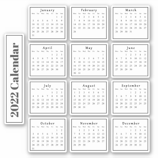 Moderne Black Mini 2022 Planer Kalender Sticker (Vorderseite)