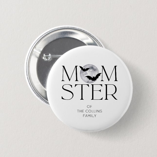 Moderne Black Moon Bats Halloween Momster-Mama Button (Vorne & Hinten)