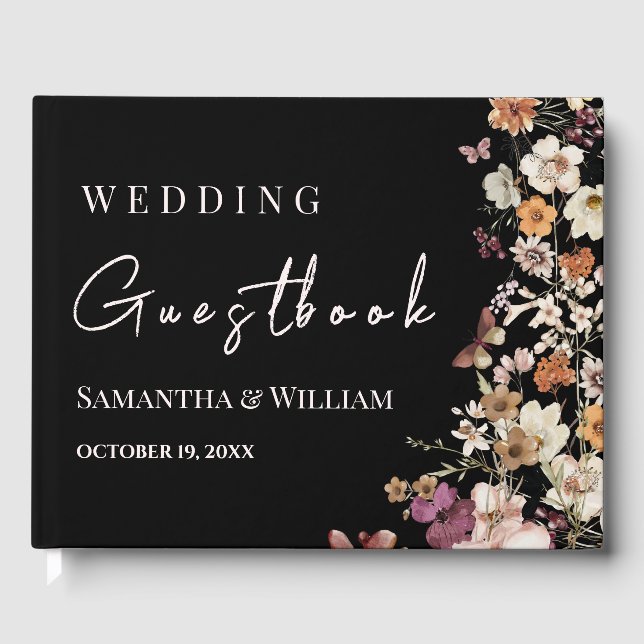 Moderne Black Pastel Wildblume Boho Wedding Gästebuch (Vorderseite)