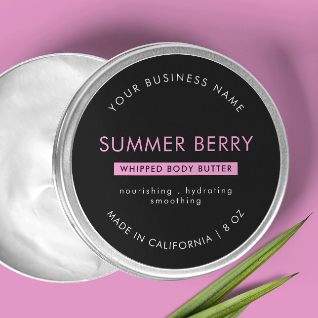 Moderne Black & Pink Body Butter Kosmetik Jar Lid Runder Aufkleber (Modern Black & Pink Body Butter Cosmetic Jar Lid Classic Round Sticker)