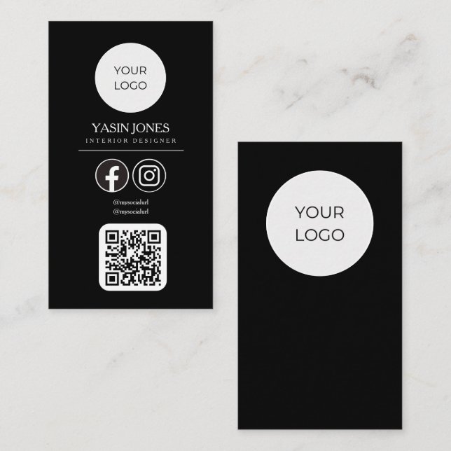 Moderne Black QR Code Social Media Business Card Telefonnummerkarte (Vorne/Hinten)