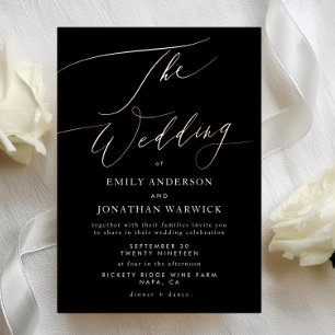 Moderne Black Rose Gold Calligraphy Wedding Folieneinladung