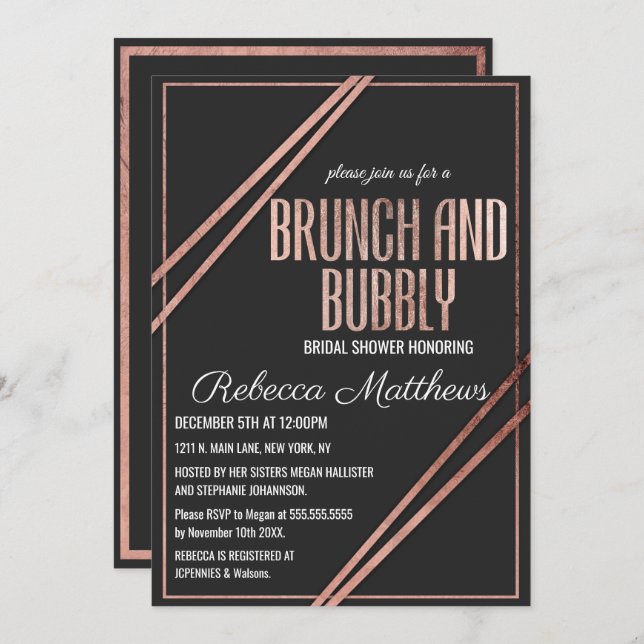 Moderne Black Rose Gold Chic Linear Brunch Bubbly Einladung (Vorne/Hinten)