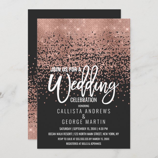 Moderne Black Rose Gold Glitzer Confetti Wedding Einladung (Vorne/Hinten)