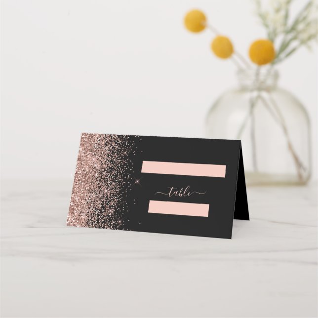 Moderne Black Rose Gold Glitzer Edge Wedding Platzkarte (Vorderseite)