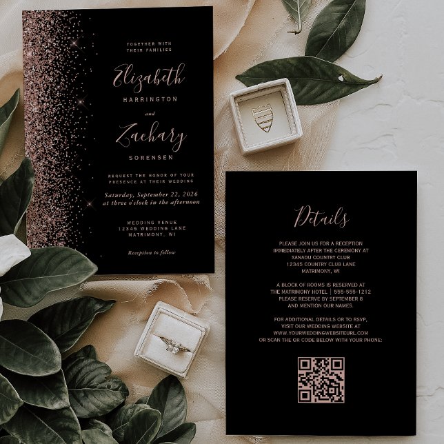 Moderne Black Rose Gold Glitzer QR Code Hochzeit Einladung (Von Creator hochgeladen)