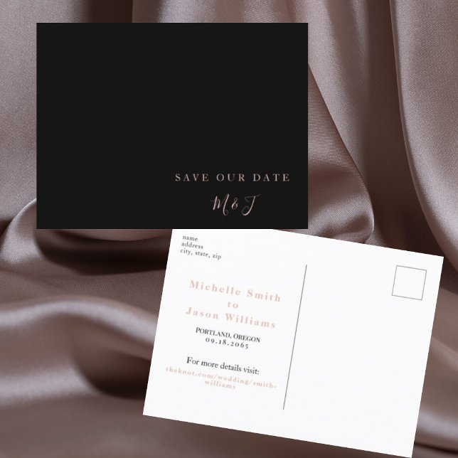 Moderne Black & Rose Gold Save the Date Postkarte (Von Creator hochgeladen)