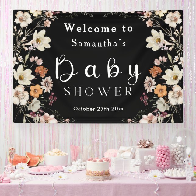 Moderne Black Rustic Boho Wildblume Babydusche Banner (Party)